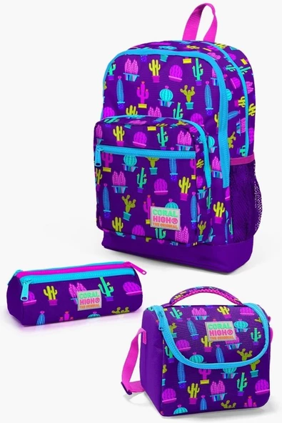 Coral High Kids Mor Pembe Kaktüs Desenli 3'lü Okul Çanta Seti ürün görseli