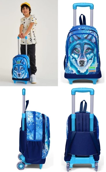 Coral High Erkek Çocuk Mavi Kurt Tekerlekli Okul Çantası ve Kalemlik Seti - Resim 2