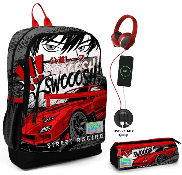 Coral High Siyah Kırmızı Araba USB Soketli Okul Çantası ve Kalemlik Seti - Erkek Çocuk ürün görseli