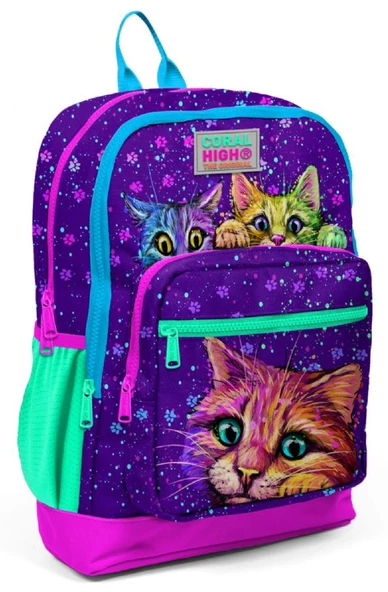 Coral High Mor Kediler İlkokul ve Günlük Sırt Çantası - Kız Çocuk - USB Soketli