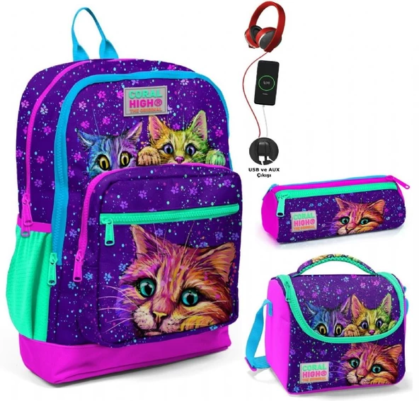 Coral High Mor Kedi USB Soketli Üçlü İlkokul Çanta Seti - Kız Çocuk ürün görseli
