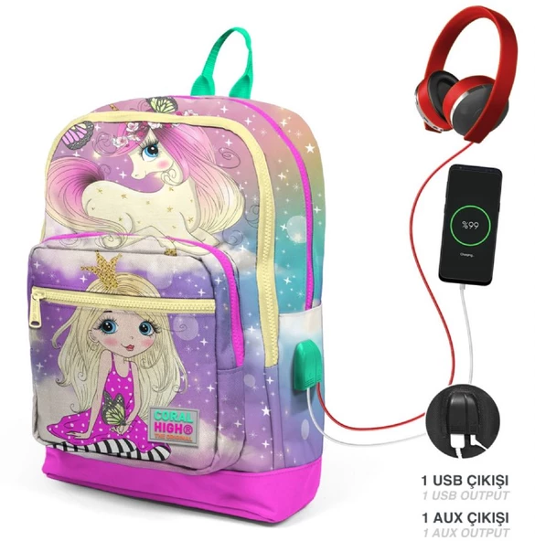 Coral High Yeşil Pembe Unicorn ve Prenses İlkokul ve Günlük Sırt Çantası - Kız Çocuk - USB Soketli - Resim 2