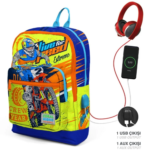 Coral High Lacivert Sarı Motosiklet İlkokul ve Günlük Sırt Çantası - Erkek Çocuk - USB Soketli - Resim 2