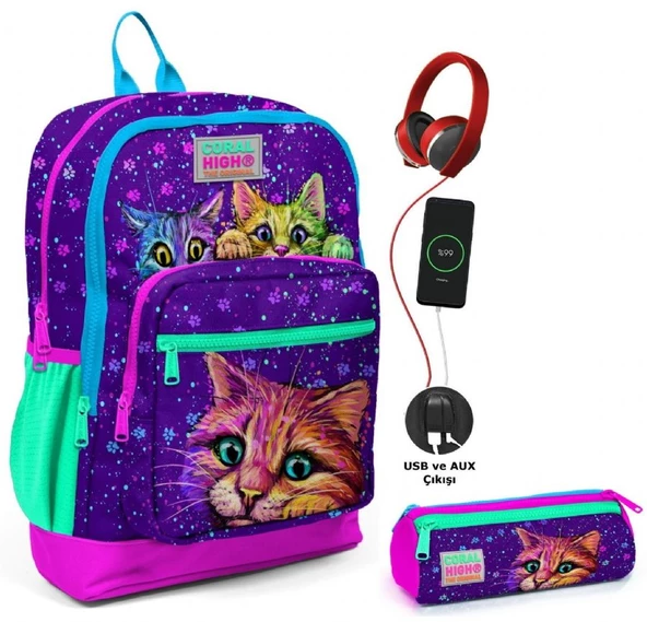 Coral High Mor Kedi USB Soketli Okul Çantası ve Kalemlik Seti - Kız Çocuk