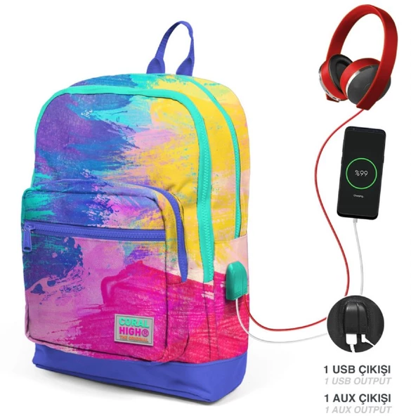 Coral High Renkli Fırça Darbeleri İlkokul ve Günlük Sırt Çantası - Kız Çocuk - USB Soketli - Resim 2