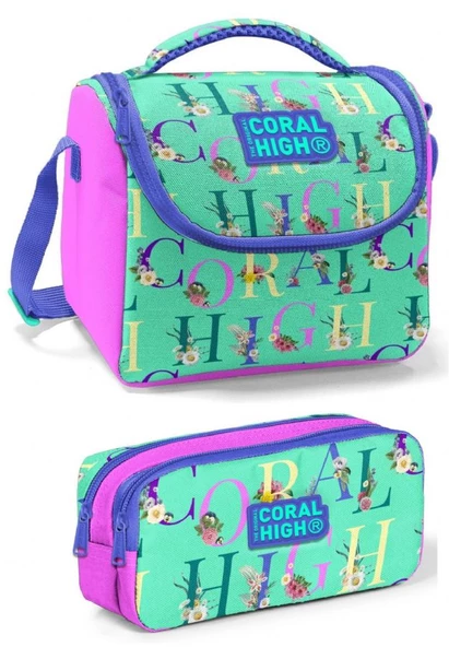 Coral High Mor Pembe Su Yeşili Kız Çocuk Beslenme Çantası Seti ürün görseli