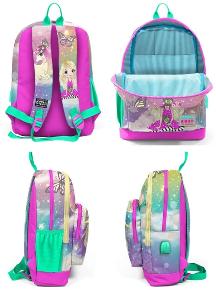 Coral High Yeşil Pembe Unicorn ve Prenses İlkokul ve Günlük Sırt Çantası - Kız Çocuk - USB Soketli - Resim 3