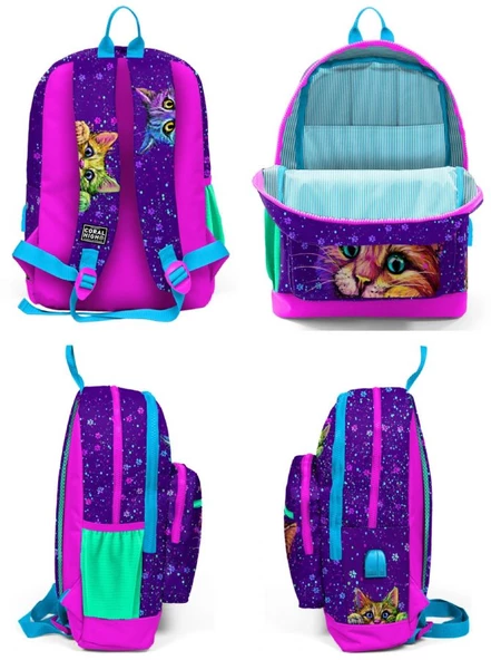 Coral High Mor Kedi USB Soketli Üçlü İlkokul Çanta Seti - Kız Çocuk - Resim 2