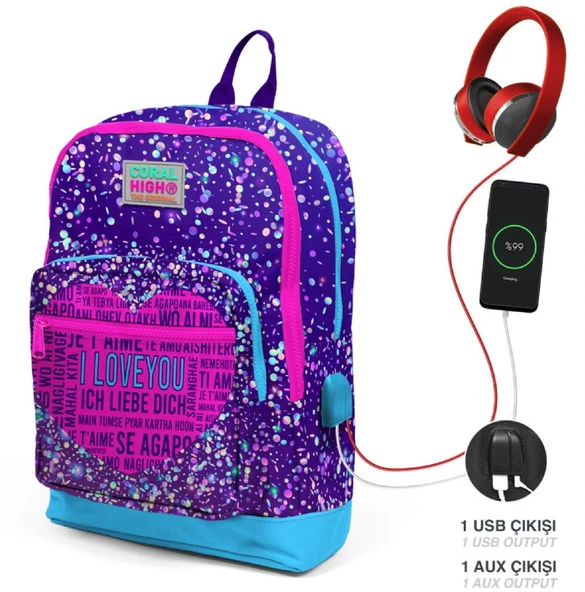 Coral High Mor Pembe Kalp İlkokul ve Günlük Sırt Çantası - Kız Çocuk - USB Soketli - Resim 2