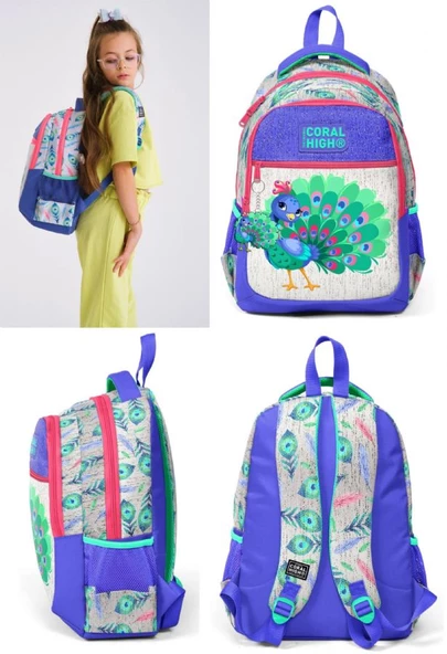 Coral High Kız Çocuk İlkokul ve Ortaokul Sırt Çantası - Yeşil Tavuskuşu - Resim 3