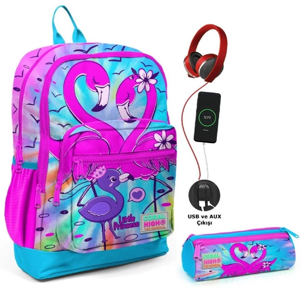 Coral High Mavi Pembe Flamingo USB Soketli Okul Çantası ve Kalemlik Seti - Kız Çocuk ürün görseli