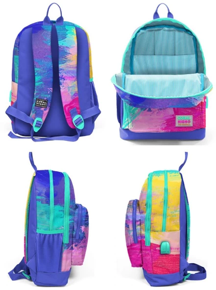 Coral High Renkli Fırça Darbeleri İlkokul ve Günlük Sırt Çantası - Kız Çocuk - USB Soketli - Resim 5