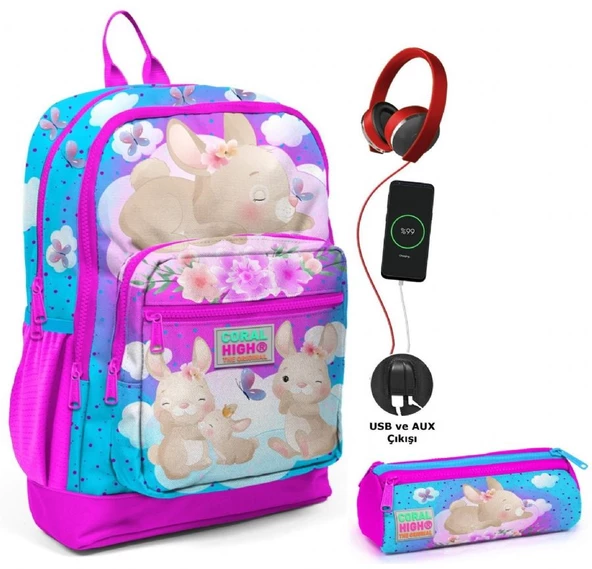 Coral High Pembe Mavi Tavşan USB Soketli Okul Çantası ve Kalemlik Seti - Kız Çocuk ürün görseli
