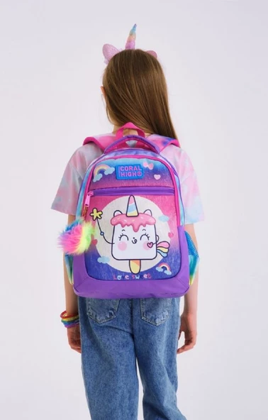 Coral High Üç Gözlü Kız Çocuk İlk ve Orta Okul Çantası - Pembe Unicorn Dondurma - 2