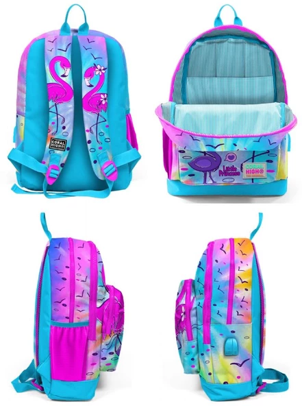 Coral High Mavi Pembe Flamingo USB Soketli Okul Çantası ve Kalemlik Seti - Kız Çocuk - Resim 3
