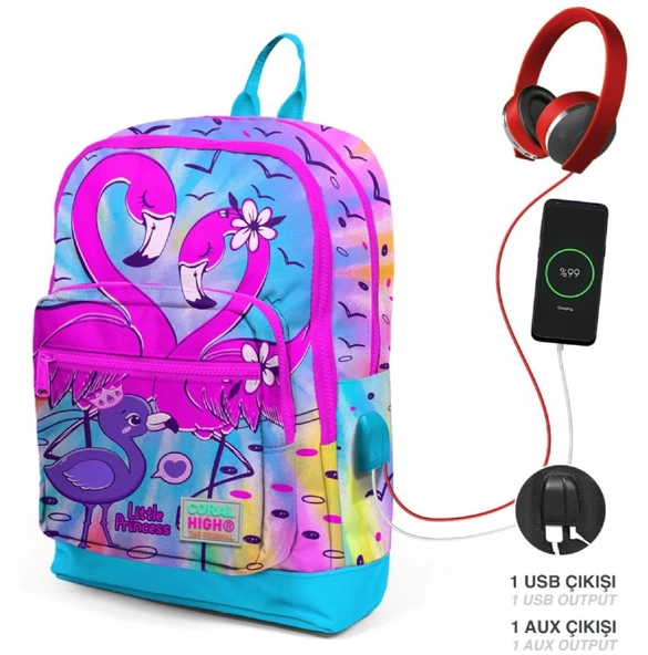Coral High Mavi Pembe Flamingo USB Soketli Okul Çantası ve Kalemlik Seti - Kız Çocuk - Resim 2