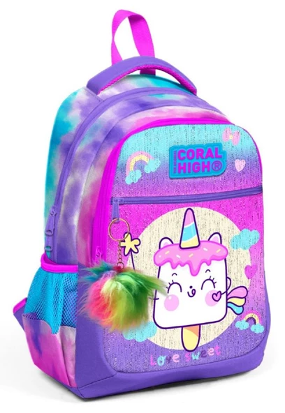Coral High Üç Gözlü Kız Çocuk İlk ve Orta Okul Çantası - Pembe Unicorn Dondurma