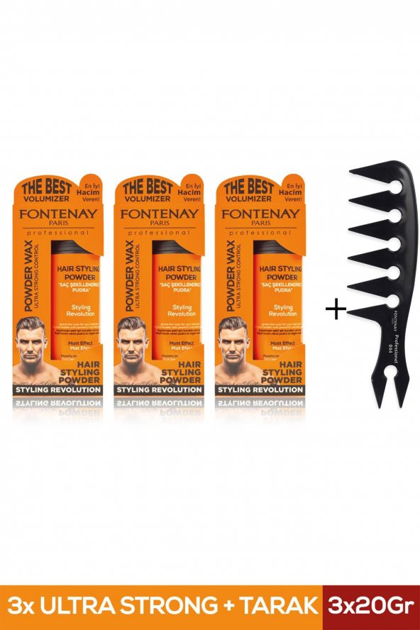 Fontenay Saç Şekillendirici Pudra Toz Wax Ultra Strong Turuncu 20gr X3 + Geniş Aralıklı Wax Tarağı 4lü Set