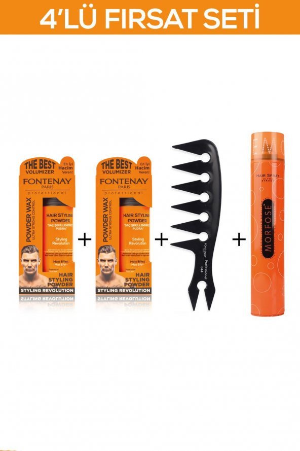 Fontenay Saç Şekillendirici Pudra Toz Wax Ultra Strong + Şekil Tarakı + Saç Spreyi 400ml 4lü Se