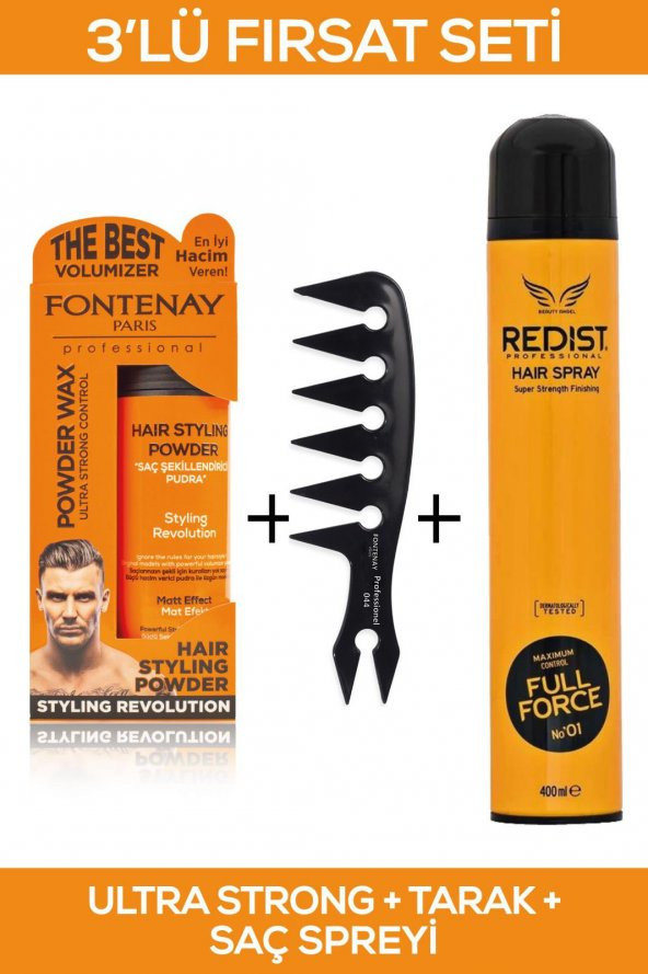 Fontenay Saç Şekillendirici Pudra Toz Wax Ultra Strong Turuncu + Şekil Tarağı + Saç Sprey 3Lü Set