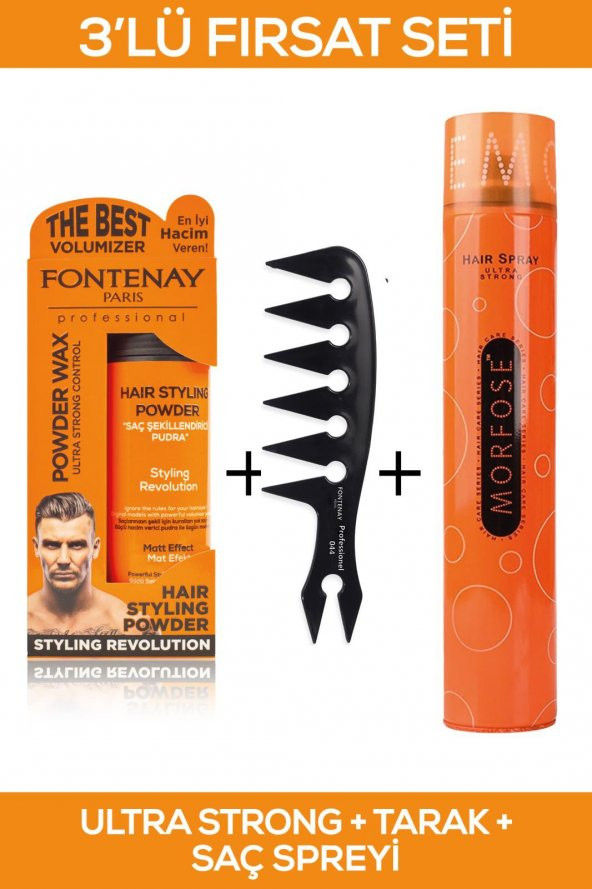 Fontenay Saç Şekillendirici Pudra Toz Wax Ultra Strong Turuncu + Şekil Tarağı + Saç Spreyi 3Lü Set - 3