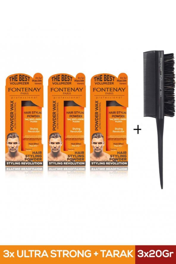 Fontenay Saç Şekillendirici Pudra Toz Wax Ultra Strong Turuncu 20gr X3 + Profesyonel Topuz Fırçası Krepe 3043 4lü Set ürün görseli