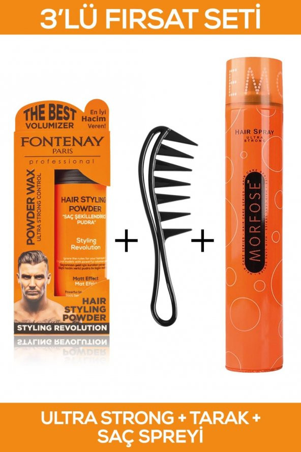 Fontenay Saç Şekillendirici Pudra Toz Wax Ultra Strong Turuncu + Şekil Tarağı + Saç Spreyi 400ML 3lü Set