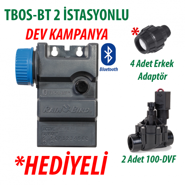 Rain Bird TBOS-BT2LT Pilli Kontrol Ünitesi 9V. 2 İstasyonlu Bluetooth + 2 Adet 100DVF 9V. Vana Seti