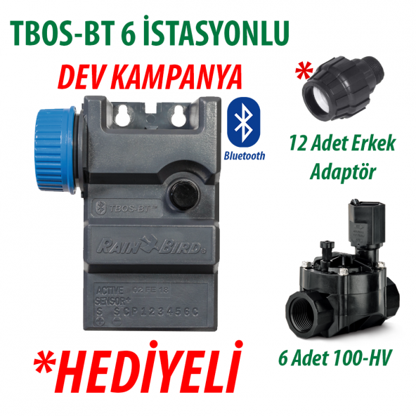 Rain Bird TBOS-BT6LT Pilli Kontrol Ünitesi 9V. 6 İstasyonlu Bluetooth + 6 Adet 100HV 9V. Vana Seti