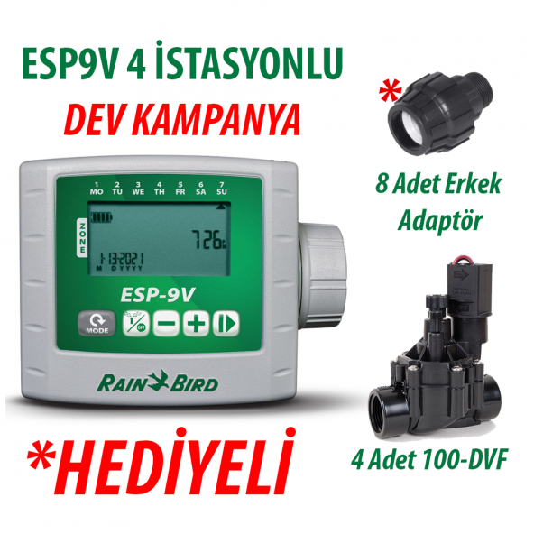 Rain Bird ESP9VI4 Pilli Kontrol Ünitesi 9V. 4 İstasyonlu ve 4 Adet 100DVF 9V. Vana Seti