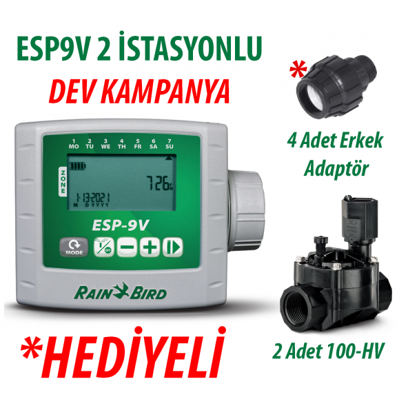 Rain Bird ESP9VI2 Pilli Kontrol Ünitesi 9V. 2 İstasyonlu ve 2 Adet 100HV 9V. Vana Seti