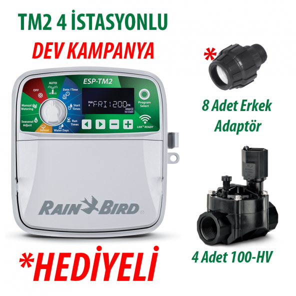 Rain Bird Dış Mekan TM2-4 İstasyonlu Kontrol Ünitesi ve 4 Adet 100HV Vana Seti