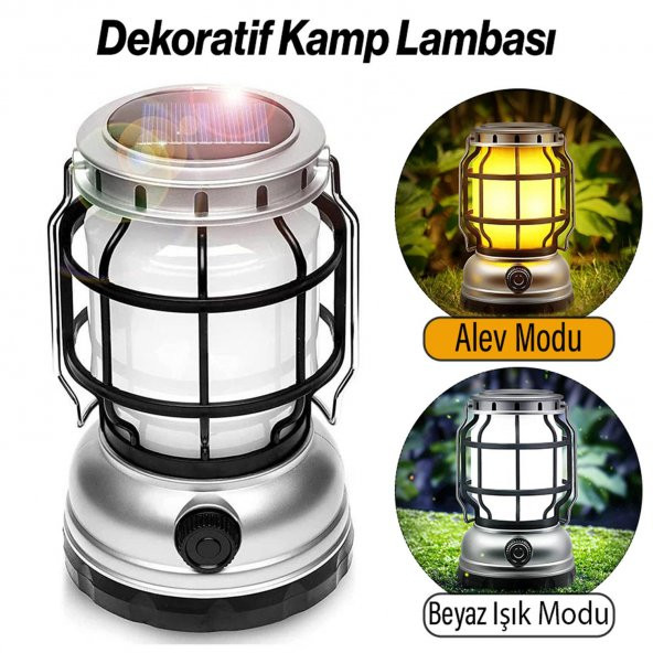 Dekoratif Outdoor Kamp Lambası Ledli Kırmızı Alev Beyaz Işıklı El Feneri Işıldak Şarjlı Çift Modlu - 2