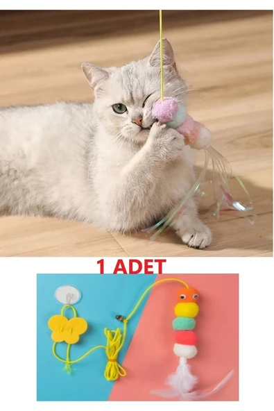 Elastik Kendinden Yapışkanlı Renkli Kedi Oyun Oltası Kedi Oyuncağı Yapışkanlı Olta Eğitim Oyuncağı - 2