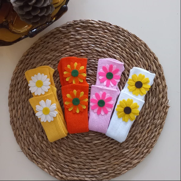 MARS BABY Kız Bebek Sarı Turuncu Pembe Beyaz Çiçek Papatya Keçe Figürlü Dizaltı Çorap - 2