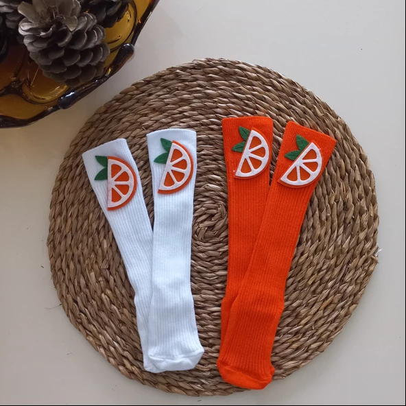 MARS BABY Kız Bebek Beyaz Turuncu Portakal Keçe Figürlü Dizaltı Çorap