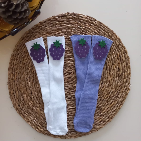 MARS BABY Kız Bebek Beyaz Lila Böğürtlen Keçe Figürlü Dizaltı Çorap