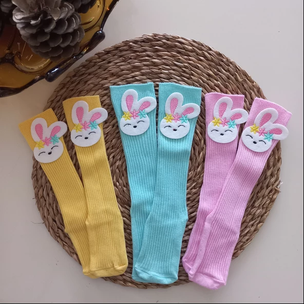 MARS BABY Kız Bebek Sarı Pembe Mint Nakışlı Tavşan Keçe Figürlü Dizaltı Çorap