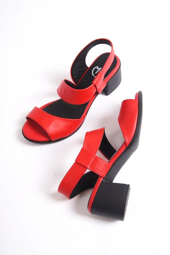 Modabuymus Masibo Kırmızı Hakiki Deri Asimetrik Yazlık Sandalet Topuklu Ayakkabı