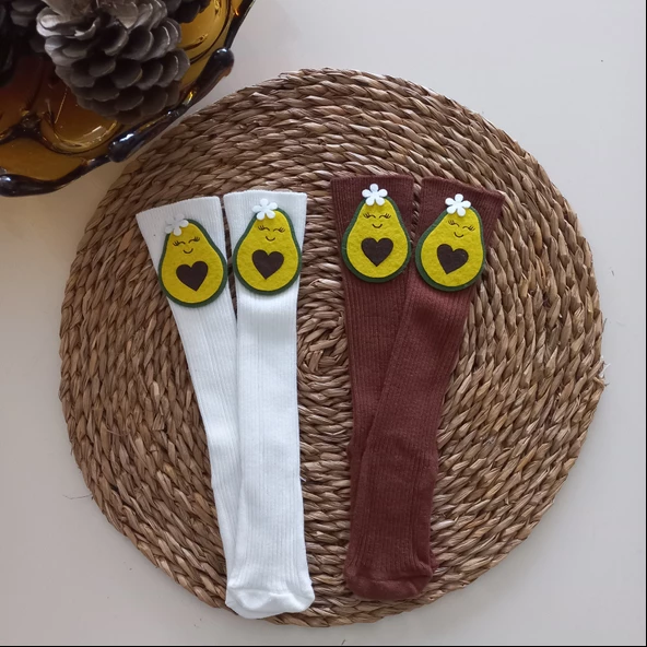 MARS BABY Kız Bebek Ekru Krem Kahverengi Avakado Keçe Figürlü Dizaltı Çorap