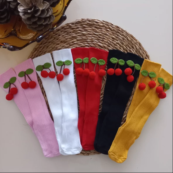 MARS BABY Kız Bebek Beyaz Kırmızı Siyah Pembe Hardal Ponpon Kiraz Keçe Figürlü Dizaltı Çorap