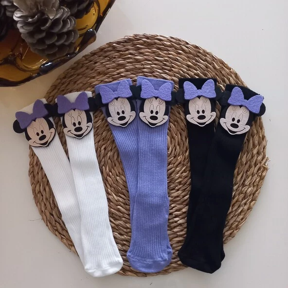 MARS BABY Kız Bebek Beyaz Lila Siyah Mickey Minnie Mouse Keçe Figürlü Dizaltı Çorap