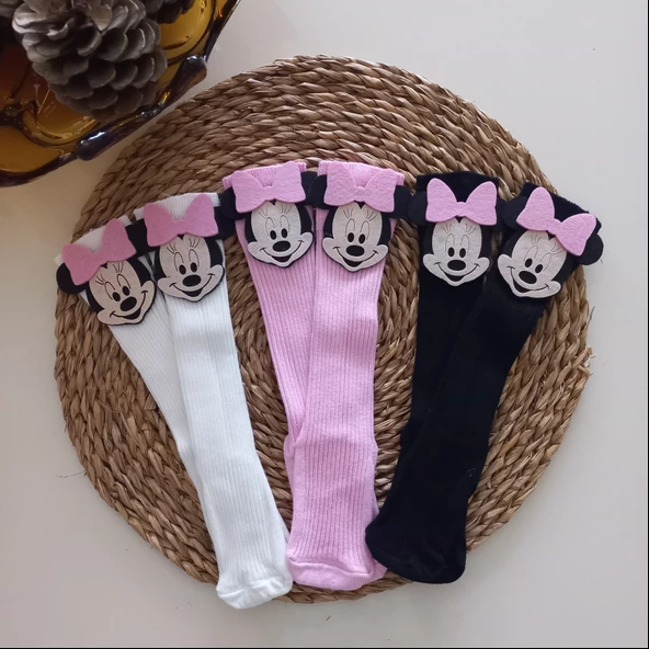 MARS BABY Kız Bebek Beyaz Pembe Siyah Mickey Minnie Mouse Keçe Figürlü Dizaltı Çorap