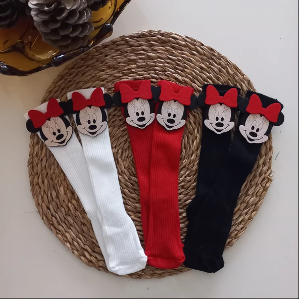 MARS BABY Kız Bebek Beyaz Kırmızı Siyah Mickey Minnie Mouse Keçe Figürlü Dizaltı Çorap