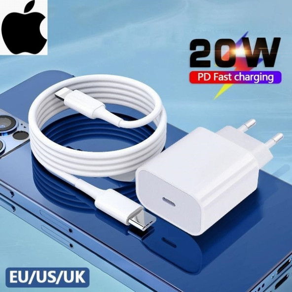 Orjinal Apple iPhone 12 Pro Max 20W Hızlı Şarj Aleti Seti USB-C MHJE3TU-A + MQGJ2ZM/A (Kablo Dagil)