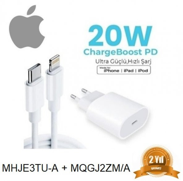 Orjinal Apple iPhone 20W Hızlı Şarj Aleti Seti USB-C MHJE3TU-A + MQGJ2ZM/A (Kablo Dagil)