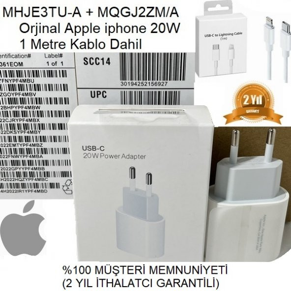 Orjinal Apple iPhone 11 Pro 20W Hızlı Şarj Aleti Seti USB-C MHJE3TU-A + MQGJ2ZM/A (Kablo Dagil)