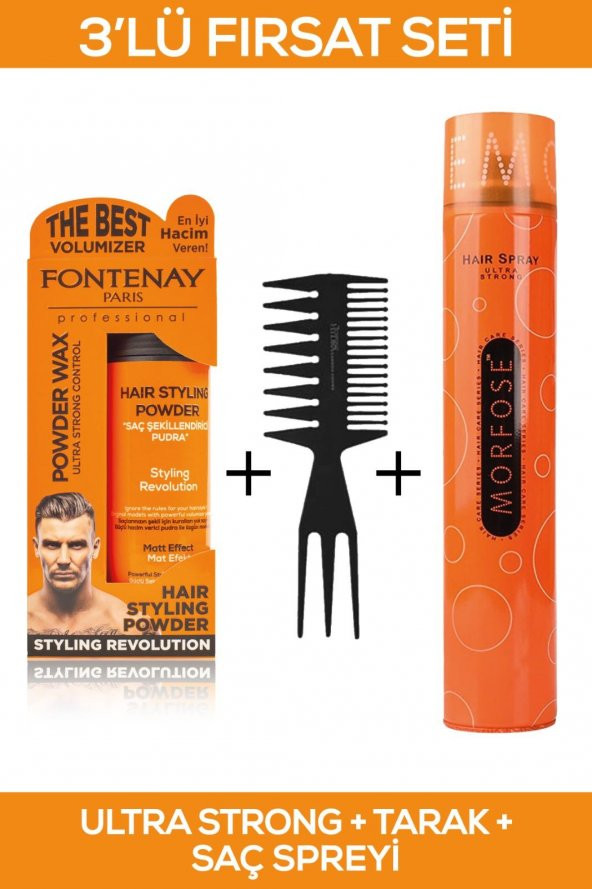 Fontenay Saç Şekillendirici Pudra Toz Wax Ultra Strong Turuncu + Şekil Tarağı + Saç Spreyi 400ml 3Lü Set