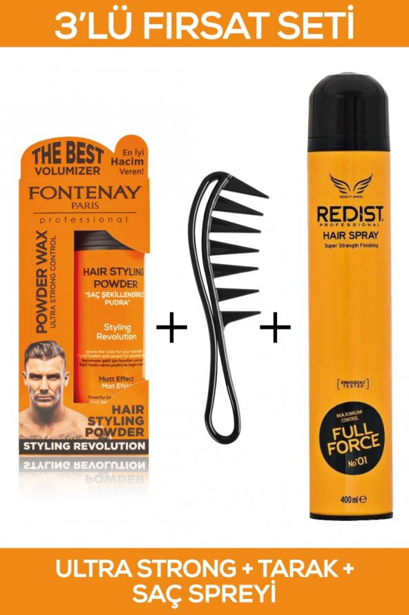 Fontenay Saç Şekillendirici Pudra Toz Wax Ultra Strong Turuncu + Şekil Tarağı + Saç Spreyi 400ML 3lü Set 2 - 3