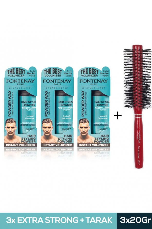 Fontenay Saç Şekillendirici Pudra Toz Wax Mat Effect Mavı 20gr X3 + Profesyonel Saç Fırçası 1017 4lü Set